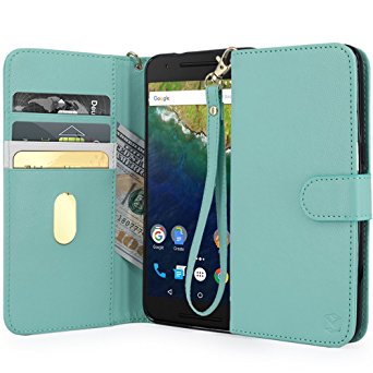 Nexus 6P Case, MP-Mall [Kickstand Function] [Card Slot] Premium PU Leather Folio Flip Wallet Case Cover With Wrist Strap For Huawei Google Nexus 6P (Mint)