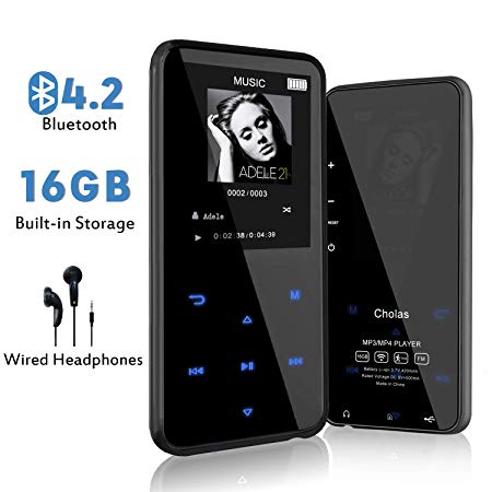 MP3 Player with Bluetooth 4.2，Cholas MP3 Player with 2.4" Touch Screen，16GB MP3 Player with Headphones, Speaker, Voice Recorder，FM Radio，Pedometer ，Support up to 128GB
