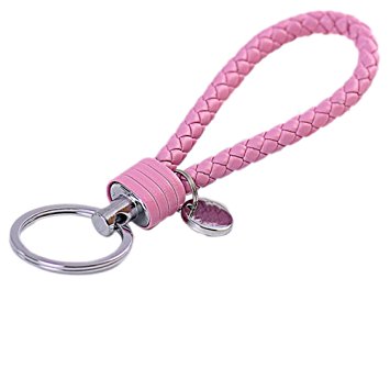 Crqes 1 Pcs Pink Braided PU Leather Strap Keyring Keychain Car Key Chain Ring Key Fob