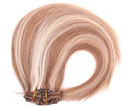 Fabwigs Clip In Human Hair Extensions - 15 18 20 22 Inch 8pcs 100g 17 Clips - Silky Straight Human Remy Hair (15 Inch #12/613 Light Brown Mixed Bleach Blonde)
