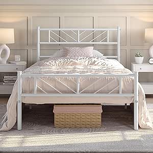 Yaheetech Twin Size Bed Frame Metal Platform with Durable Supports, Mattress Foundation with Arrow Design Headboard Storage Clearance. Easy Assembly, No Box Spring Needed, White