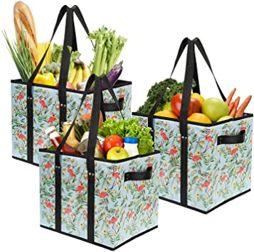 Foraineam 3-Pack Extra Large Reusable Grocery Bags Tropical Flamingo Pattern Durable Heavy Duty Grocery Totes Bag Storage Box Bins Collapsible Grocery Shopping Box Bags with Reinforced Bottom