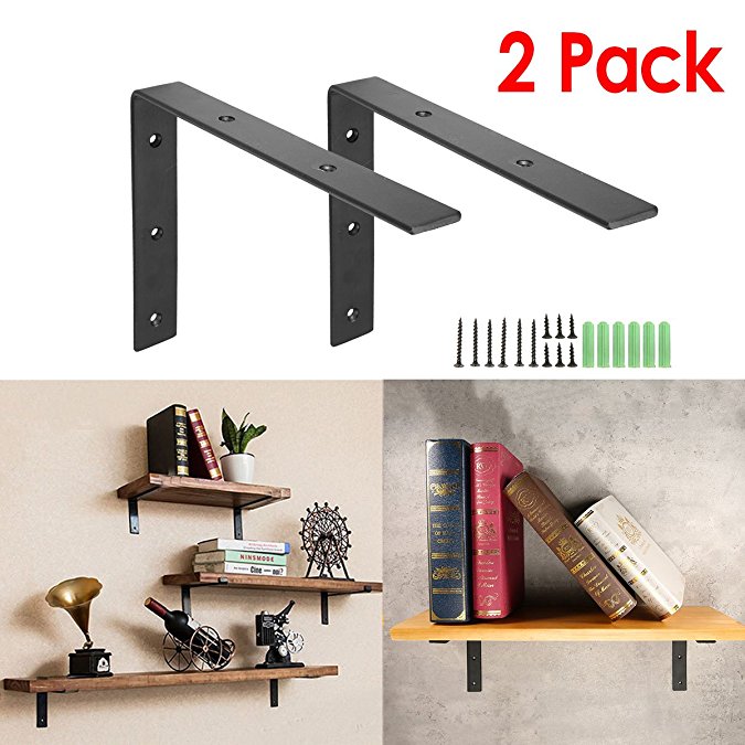 KINGSO 2 Pack - 8''L x 6''H Handcrafted Forged Black Iron Shelf Brackets, Industrial Decorative Wall Lip Brackets, Metal Floating Shelf, with Screw Accessories (L-shape（no lip）)