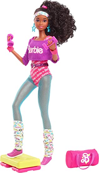 Barbie Rewind 80s Edition Workin’ Out Doll (11.5-in Brunette) Wearing Bodysuit, Legwarmers & Accessories, with Cassette Tape Doll Stand, Gift for Collectors