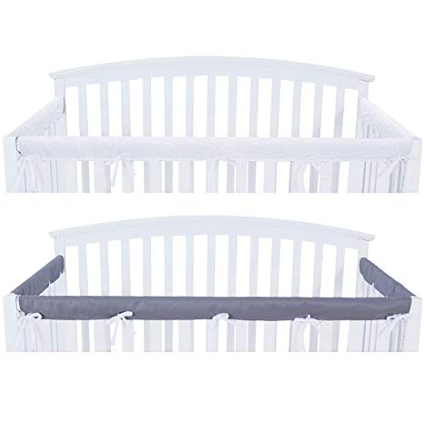 3 - Piece Crib Rail Cover Protector Safe Teething Guard Wrap for Standard Crib Rails, Fit Side and Front Rails, Grey/White, Safe and Secure Crib Rail Cover.