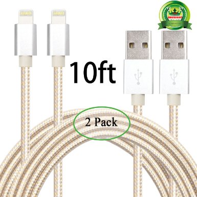 ABLOOM 2pcs 10ft Lightning Cable Nylon Braided Charging Cable Extra Long USB Cord for iphone 6s,6s plus,6plus,6,5s 5c 5,iPad Mini, Air,iPad5,iPod 7on iOS9.(Golden and Silver)