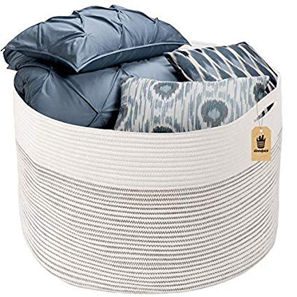 Goodpick Large Basket | Jumbo Woven Basket | Cotton Rope Basket | Baby Laundry Basket Hamper with Handles for Comforter, Cushions, Quilt, Toy Bins, Stuff Toy Baskets - Brown Stitch, 23.6"D x 14.2"H