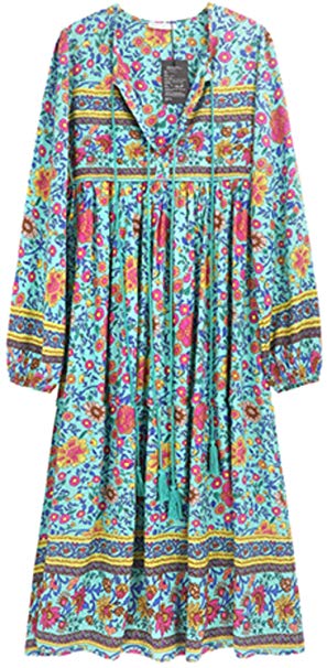 R.Vivimos Women's Long Sleeve Floral Print Retro V Neck Tassel Bohemian Midi Dresses