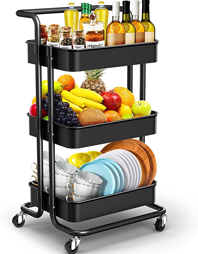 JOMARTO 3-Tier Rolling Utility Cart with Handle, Storage Cart Organizer with Lockable Wheels Makeup Cart Organizer Craft Art Cart Multi-Purpose Trolley Cart for Kitchen, Bathroom, Office (Black)