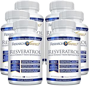 Research Verified Resveratrol - 98% Trans-Resveratrol 1000 mg, Anti-Aging Support - 60 Capsules per Bottle - 6 Bottles