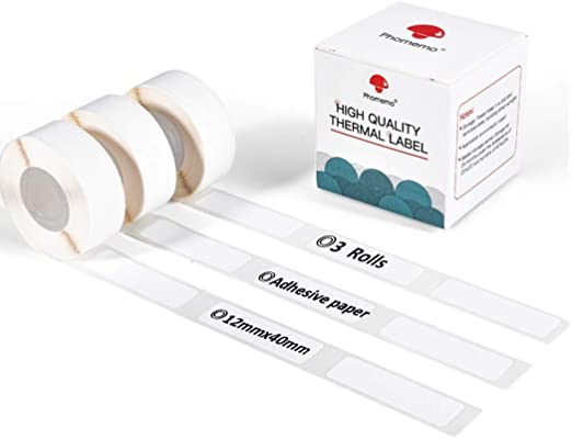 Phomemo D30 Adhesive White Label Paper 3/8" X 1 1/2" (12mm X 40mm) 160 Labels/Roll, Black on White, 3 Roll