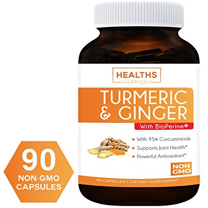 Turmeric Curcumin with Ginger, 95% Cucurminiods & Bioperine (NON-GMO & Vegan) For Joint Pain Relief And Anti-Inflammatory. Better Absorption with Black Pepper Extract. 90 Capsules Supplement: No Pills