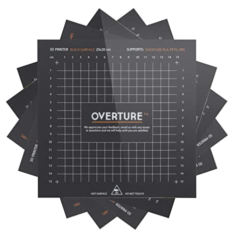 OVERTURE 3D Build Surface 200mm x 200mm (7.88’’ x 7.88’’) Upgraded 3D Printer Build Plate Sheet Heat Bed Platform Sticker with Laminated Transfer Adhesive, 10mm Grid, Black (5-Pack)