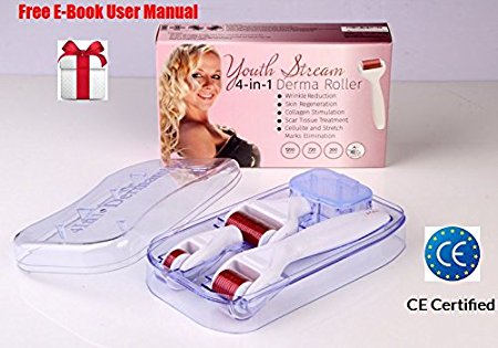 YOUTH STREAM 4-in-1 MICRO NEEDLE DERMA ROLLER BEAUTY KIT, FACE MASSAGER WITH THREE INTERCHANGABLE HEAD SIZES TO USE ON FACE, UNDER-EYES AND BODY TO REDUCE WRINKLES, CELLULITE, SUN DAMAGE, STRETCH MARKS, SCARS AND PORE SIZE, STIMULATES HAIR GROWTH, IMPROVES VITAMIN C AND ANTI-AGING PRODUCTS ABSORBTION