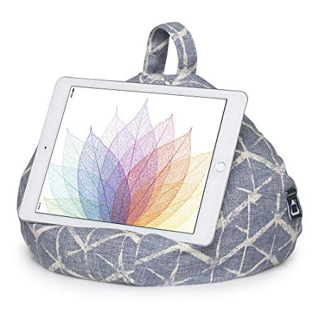 iPad Pillow & Tablet Stand - Securely Holds Any Size Tablet, eReader or Book Upto 12.9 inches, Hands Free Comfort at Any Angle on Any Surface - Geometric Denim, by iBeani