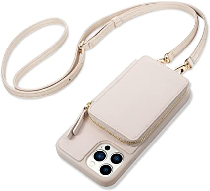 ZVE iPhone 13 Pro Max Crossbody Wallet Case, Zipper Phone Case with RFID Blocking Card Holder Wrist Strap Purse Cover Gift for Women Compatible with iPhone 13 Pro Max, 6.7 inch, 2021- Beige