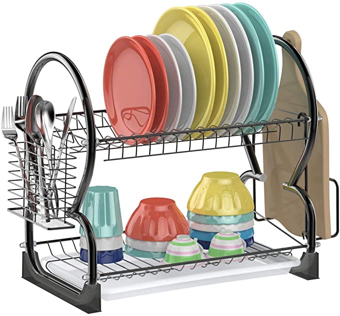 Dish Drying Rack,Ace Teah 2 Tier Dish Drainer with Utensil Holder Stainless Steel Dish Rack,Black