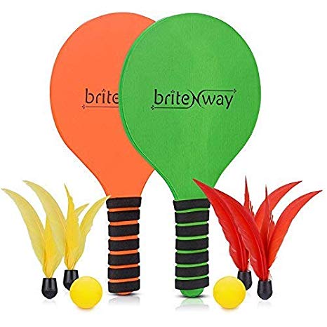 briteNway Paddle Ball Game Bundle with 2 Wooden Racket Paddles, 2 Balls, 4 Shuttlecocks & 1 Carrying Bag – Comfy Grip, Durable Craftsmanship – for Indoors & Outdoors, Beach, Backyard, Garden & More