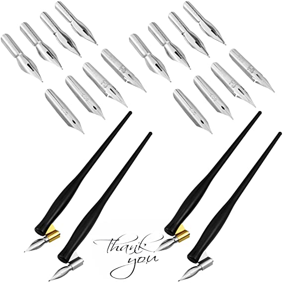 Oblique Calligraphy Dip Pen Set Include 2-in-1 Calligraphy Oblique or Straight Penholder with an Interior Nib Compartment and 8 Pieces Replacement Nibs (4 Sets)