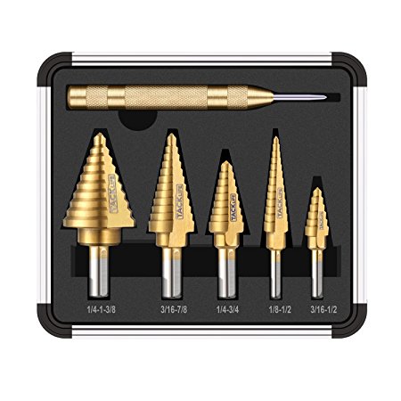 Tacklife PDH06A Classic Step Drill Bits Set High speed steel Titanium Coated Double Cutting Blades Design Multiple Hole 50 Sizes with Aluminum Case, Automatic Center Punch