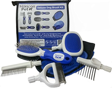 Horicon Pet Deluxe Dog Brush Kit - Interchangeable Dog Grooming Brushes, Dematting/Undercoat Comb, Slicker Brush, De-Matting Razor, Spring Comb, Ball Pin Brush, Bristle Brush