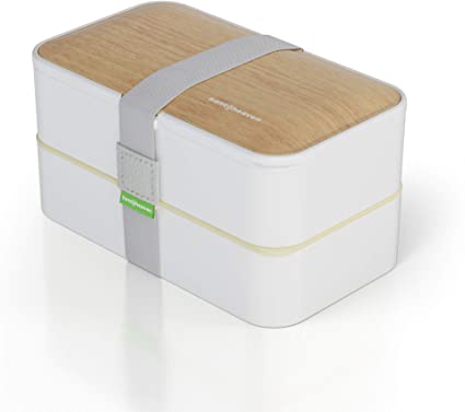 BentoHeaven Leakproof Bento Box with Fun Lunch Notes, Cutlery, Chopsticks - Bamboo White