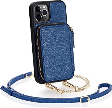 iPhone 11 Pro Max Wallet Case, ZVE iPhone 11 Pro Max Case with Credit Card Holder Zipper Wallet Crossbody Chain Leather Cover Bumper for Apple iPhone 11 Pro Max 6.5 inch - Navy Blue