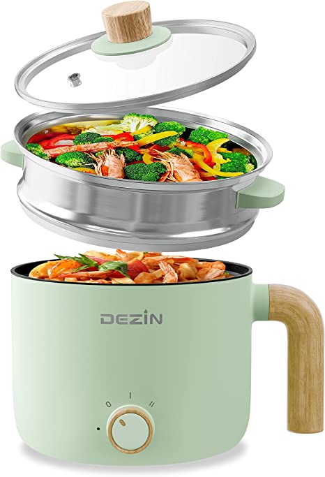 Dezin Electric Hot Pot with Steamer, 1.5L Non-stick Ramen Cooker, 2 in 1 Shabu Shabu Hot Pot, Multifunctional Cooker with Overheating Protection for Stew, Noodles, Green (Egg Rack Included) (Green/Nonstick)