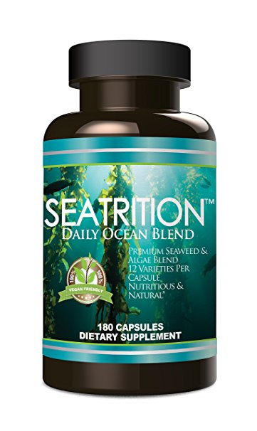 Seatrition Daily Ocean Blend 550mg 180 veg capsules 12 Varieties of Pure Seaweed Red Green Brown Algae Kelp Sea Vegetable Plants Vegan Friendly Dietary Supplement 2 month Supply