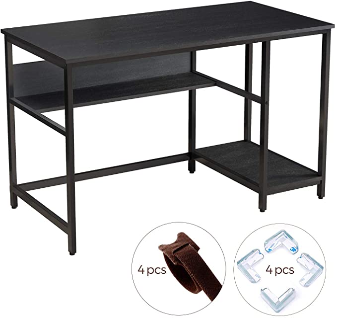 Rolanstar Black Computer Desk, 47" Office Desk with 2 Storage Shelves with Corner Protectors, Study Table, Workstation,Business Style, Stable Metal Frame, CP001-A