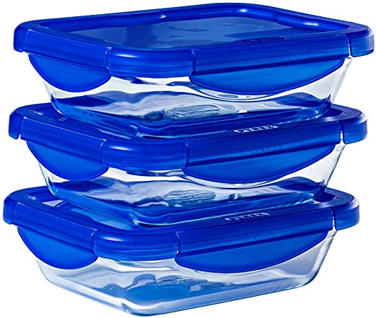 Pyrex® Cook & Go Set of 3 Rectangular Glass Storage Boxes with Airtight and Waterproof Lids – 20 x 15 cm – 0.8L – BPA Free