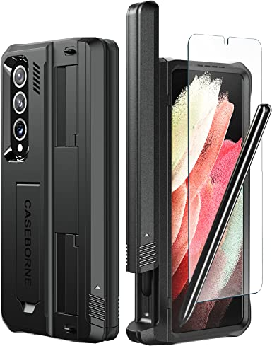 CaseBorne V Compatible with Samsung Galaxy Z Fold 4 Case - Full Body Protective Case with Semi-Auto Hinge Cover, [Tempered Glass Screen Protector], Kickstand and S Pen Holder (Black)