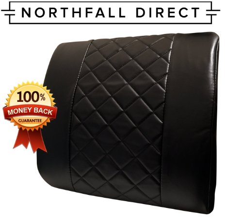 Premium PU Leather Lumbar Support by NorthFall Direct - Lower Back Pillow Cushion for Car Seats, Home, Office Chair, Airplanes and More! Includes Seat Strap - Lifetime Guarantee (Black)