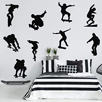 9 Pieces Skateboards Wall Decal Skateboards Wall Decor Room Decorations Skateboard Sports Murals PVC Home Bedroom Wall Sticker Decal for Boys Bedroom