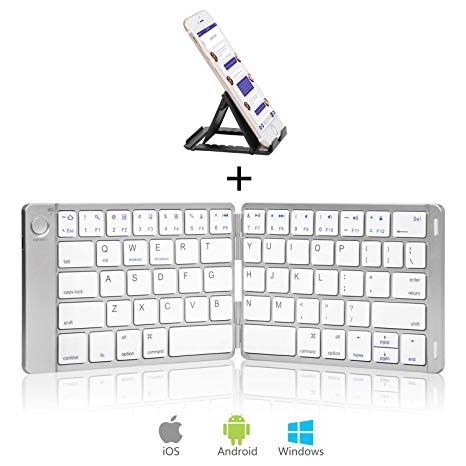 Sounwill Foldable Keyboard, Wireless Portable Keyboard with Stand Holder, Pocket Size Ultra Slim Premium Leather Folding Keyboard Compatible iOS Windows Android Smartphone, Tablet, Laptop-Silver