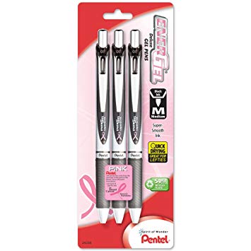 Pentel Pink BCA Ribbon Pentel EnerGel Deluxe RTX Retractable Liquid Gel Pen, 0.7mm, Medium Line, Metal Tip, Silver Barrel, Black Ink, 3 Pack (BL77ABP3A-BC)