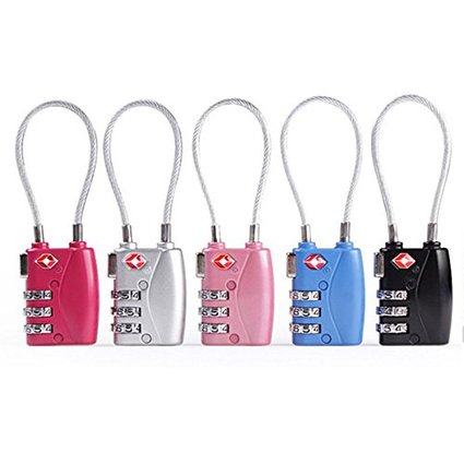 Pixnor 5 Colors TSA Approved Security Cable Luggage Locks 3-Digit Combination Password Locks Padlocks Black Silver Rosy Pink Blue