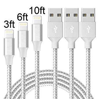 Cable,ONSON Charger Cables 3Pack 3FT 6FT 10FT to USB Syncing and Charging Cable Data Nylon Braided Cord Charger for iPhone 7/7 Plus/6/6 Plus/6s/6s Plus/5/5s/5c/SE and more-SilverGray …