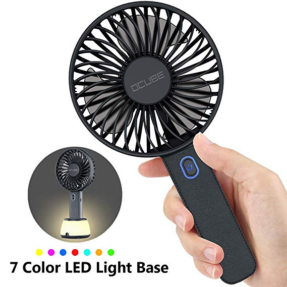 OCUBE Handheld Fan, Mini Hand Held Fan with 7 Color LED Light Base, 2000mAh Battery Operated USB Rechargeable Desk Fan, 3 Speeds Electric Portable Personal Cooling Fan for Home Office Travel (Black)