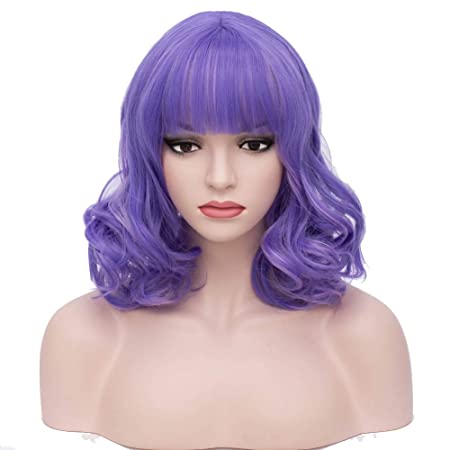 BERON 14'' Short Curly Women Girl's Charming Synthetic Wig with Air Bangs Wig Cap Included (Highlight Purple)