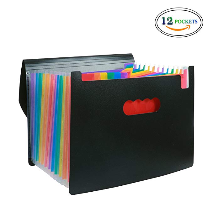 Expanding File Folder 12 Pockets with Lid, A4 Letter Size Portable Accordion File Organiser Desk Storage Filling folders for Office Home or Campus Documents