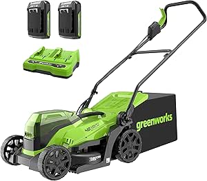 Greenworks Tools Battery Lawnmower GD24X2LM36K2x (Li-Ion 48V 36cm Cutting Width Up to 200m² 40L Grass Catcher 5-Fold Central Cutting Height Adjustment with 2x2Ah Battery and Dual Slot Charger)