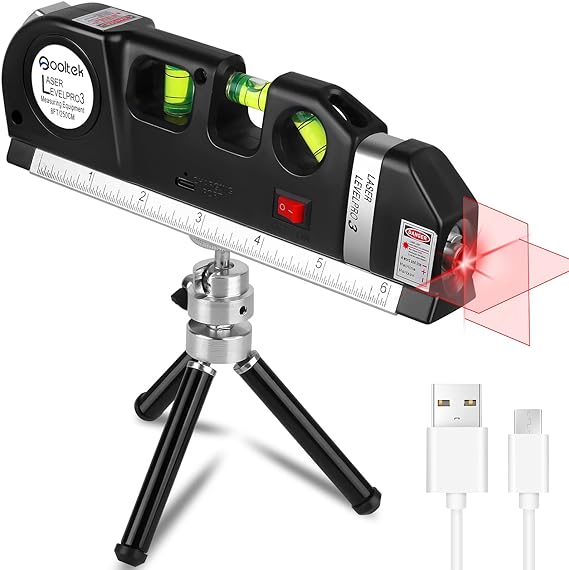 Laser Level line Tool, Qooltek Multipurpose Cross Line Laser Adjusted Standard and Metric Rulers for Hanging Picture with Metal Tripod Stand and Rechargeable Battery(Black)
