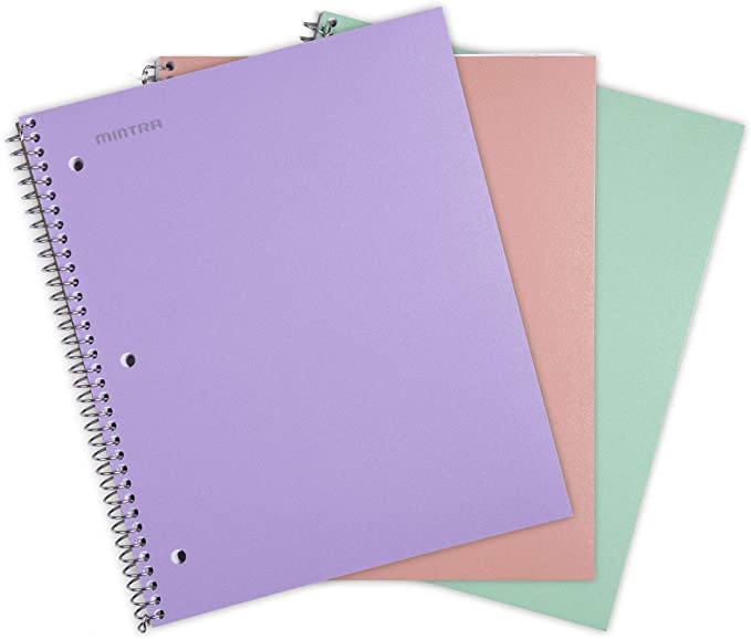 Mintra Office Durable Spiral Notebooks -1 Subject, 100 Sheets, Poly Pocket, Moisture Resistant Cover, Strong back, For School, Office, Business, (Salmon, Sage Green, Lavender, College Ruled 3 Pack)