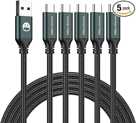 SMALLElectric USB Type C Cable 5-Pack 3FT, USB Type A to C Fast Charger Cords for Galaxy S20 S10 S9 S8 Plus, Braided Fast Charging Cable for Note 10 9 8, LG V50 V40 G8 G7,(Green)