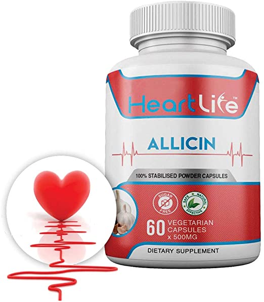 HeartLife - Health - Wellness - 100% Natural Allicin Supplement - High Blood Pressure, Cholesterol, and Immune - 60 Vegetarian Capsules