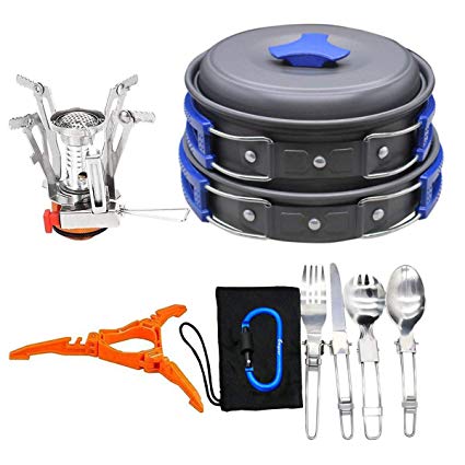 Bisgear 12-17Pcs Camping Cookware Stove Carabiner Canister Stand Tripod Folding Spork Set Outdoor Camping Hiking Backpacking Non-Stick Cooking Picnic Knife Spoon Wine Opener