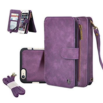 iPhone Wallet Case, Premium PU Leather Zipper Cellphone Purse [Card Slots] [Stand] [Wrist/Shoulder Strap] Detachable Cover for iPhone