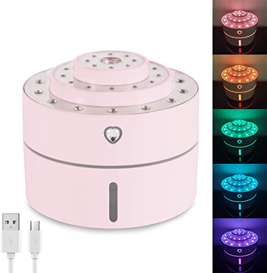 Rechargeable Mini Humidifier with 7 Color Night Light and 2 Mist Modes, USB Operated Small Cool Mist Humidifier Portable, 1200mAh Built-in Battery, 260ml, Auto Shut-Off (Pink)