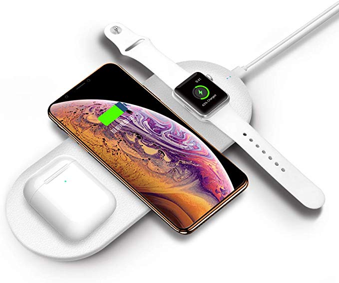 FACEVER 3 in 1 Charging Pad Compatible Apple Watch Series 1 2 3 4 5 Wireless Airpods iPhone 11 Pro Max XS XR X 8 Plus 2 Qi Wireless Charger and iWatch Cable Charging Area, White